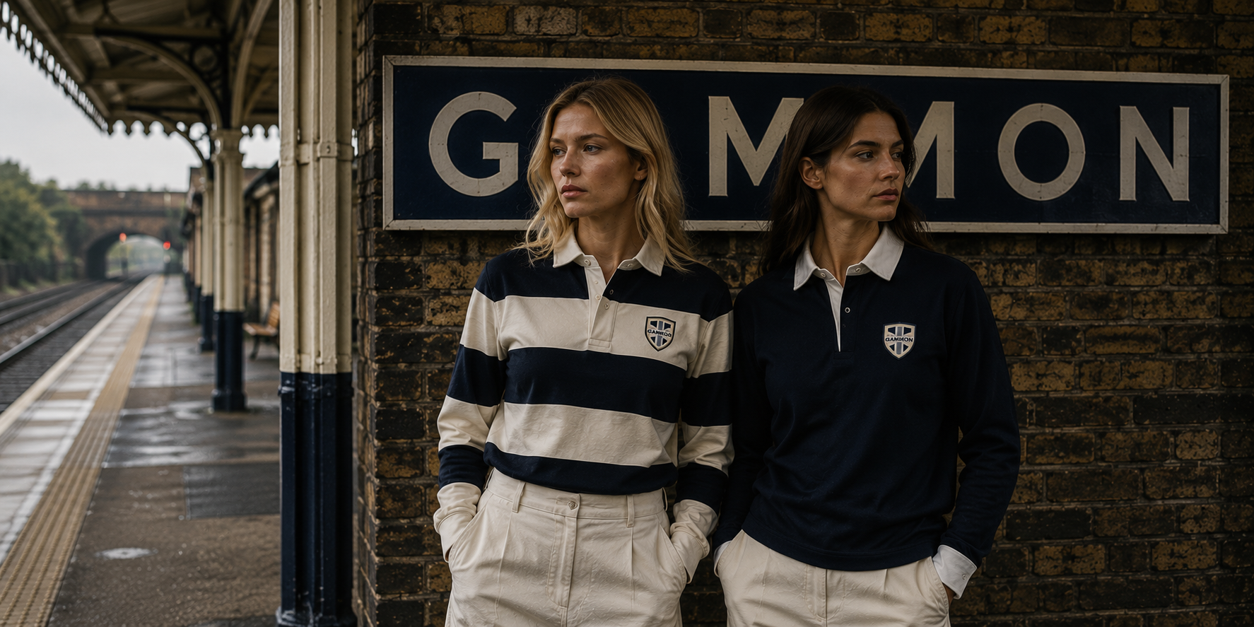 Two women wearing Gammon British-made Sporting Shirts on a vintage railway platform beside a partially obscured Gammon station sign