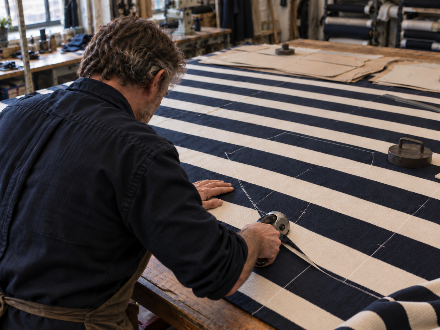 Navy and ecru striped heavyweight cotton jersey laid out for cutting on a wooden workshop table