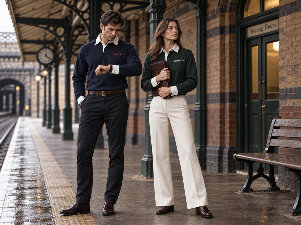 Man and woman wearing navy and utility green Stamford Sporting Shirts on a traditional railway platform