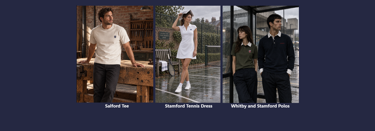 Promotional collage showing three future Gammon garments: a man wearing an ecru Salford T-shirt, a woman in a white Stamford tennis dress, and a woman in a green Whitby polo with a man in a navy Stamford polo, photographed in workshop, rain-soaked tennis court and modernist shelter settings.